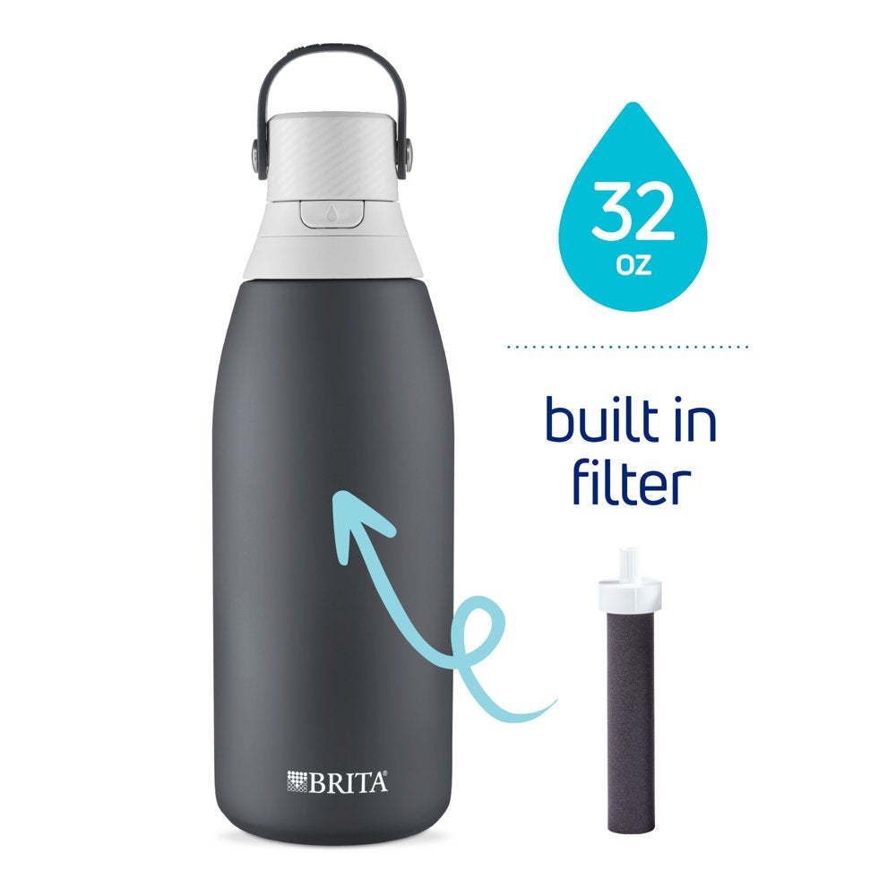 Brita Premium Stainless Steel Leak Proof Filtered Water Bottle, Carbon, 32 Oz